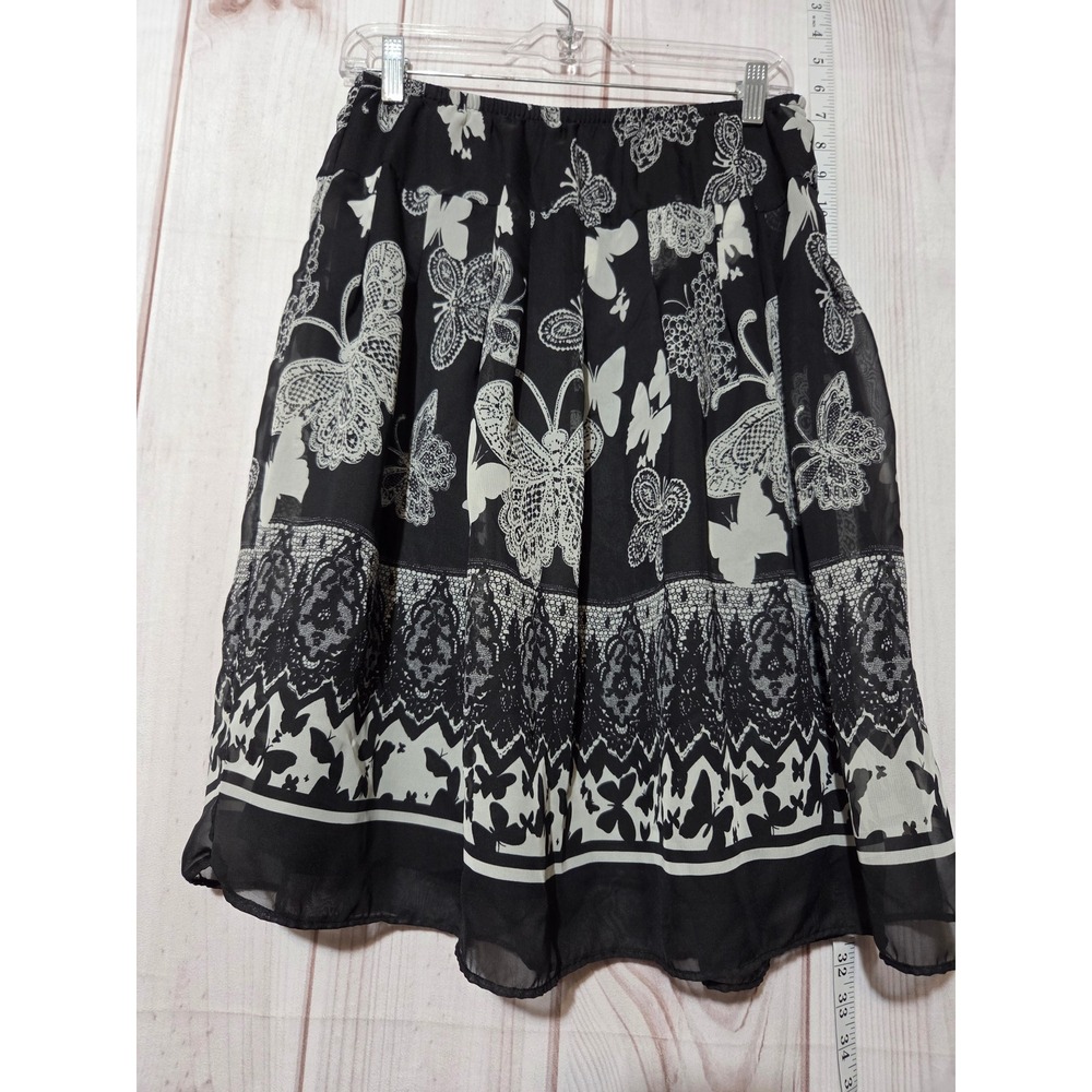 Butterfly‎ Print Chiffon Skirt Black White Lace Border Knee Length Womens 8